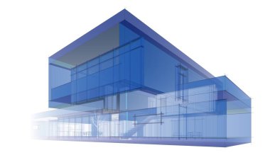 Modern geometrik mimari tasarım, 3D tasarım, gayrimenkul planı, mimari sanat, taslak çizimi.