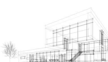Modern geometrik mimari tasarım, 3D tasarım, gayrimenkul planı, mimari sanat, taslak çizimi.