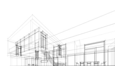 Modern geometrik mimari tasarım, 3D tasarım, gayrimenkul planı, mimari sanat, taslak çizimi.