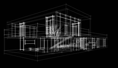 Modern geometrik mimari tasarım, 3D tasarım, gayrimenkul planı, mimari sanat, taslak çizimi.