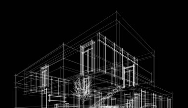 Modern geometrik mimari tasarım, 3D tasarım, gayrimenkul planı, mimari sanat, taslak çizimi.