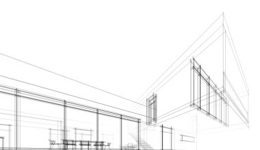 Modern geometrik mimari tasarım, 3D tasarım, gayrimenkul planı, mimari sanat, taslak çizimi.