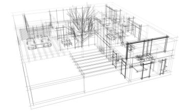 Modern geometrik mimari tasarım, 3D tasarım, gayrimenkul planı, mimari sanat, taslak çizimi.