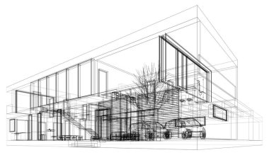 Modern geometrik mimari tasarım, 3D tasarım, gayrimenkul planı, mimari sanat, taslak çizimi.