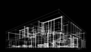 Modern geometrik mimari tasarım, 3D tasarım, gayrimenkul planı, mimari sanat, taslak çizimi.