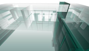 Modern geometrik mimari tasarım, 3D tasarım, gayrimenkul planı, mimari sanat, taslak çizimi.