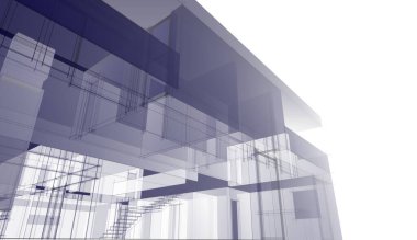 Modern geometrik mimari tasarım, 3D tasarım, gayrimenkul planı, mimari sanat, taslak çizimi.