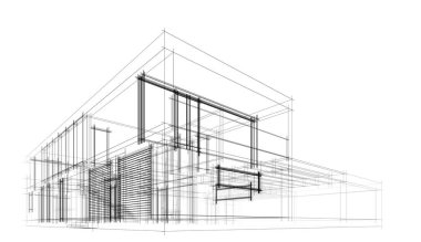 Modern geometrik mimari tasarım, 3D tasarım, gayrimenkul planı, mimari sanat, taslak çizimi.