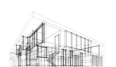 Modern geometrik mimari tasarım, 3D tasarım, gayrimenkul planı, mimari sanat, taslak çizimi.