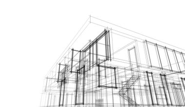 Modern geometrik mimari tasarım, 3D tasarım, gayrimenkul planı, mimari sanat, taslak çizimi.