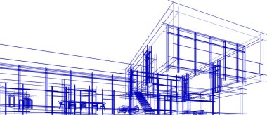 Modern geometrik mimari tasarım, 3D tasarım, gayrimenkul planı, mimari sanat, taslak çizimi.