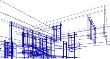 Modern geometrik mimari tasarım, 3D tasarım, gayrimenkul planı, mimari sanat, taslak çizimi.