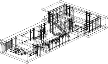Modern geometrik mimari tasarım, 3D tasarım, gayrimenkul planı, mimari sanat, taslak çizimi.