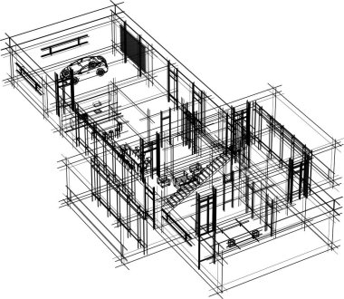 Modern geometrik mimari tasarım, 3D tasarım, gayrimenkul planı, mimari sanat, taslak çizimi.