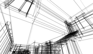 Modern geometrik mimari tasarım, 3D tasarım, gayrimenkul planı, mimari sanat, taslak çizimi.