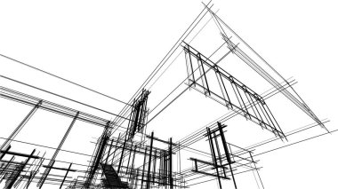 Modern geometrik mimari tasarım, 3D tasarım, gayrimenkul planı, mimari sanat, taslak çizimi.