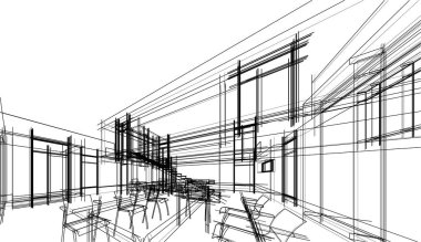 Modern geometrik mimari tasarım, 3D tasarım, gayrimenkul planı, mimari sanat, taslak çizimi.