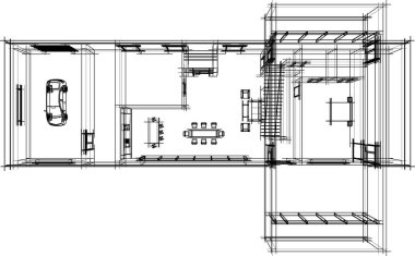 Modern geometrik mimari tasarım, 3D tasarım, gayrimenkul planı, mimari sanat, taslak çizimi.