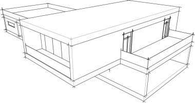 Modern geometrik mimari tasarım, 3D tasarım, gayrimenkul planı, mimari sanat, taslak çizimi.
