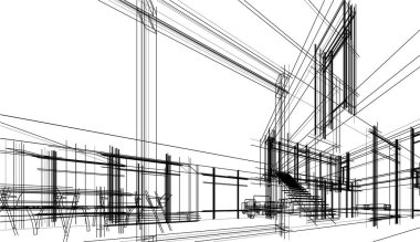 Modern geometrik mimari tasarım, 3D tasarım, gayrimenkul planı, mimari sanat, taslak çizimi.
