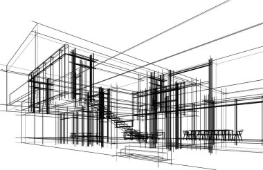 Modern geometrik mimari tasarım, 3D tasarım, gayrimenkul planı, mimari sanat, taslak çizimi.
