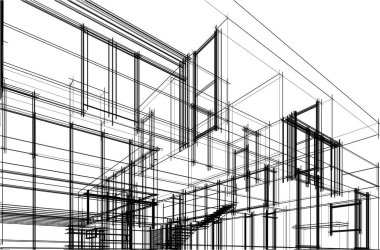 Modern geometrik mimari tasarım, 3D tasarım, gayrimenkul planı, mimari sanat, taslak çizimi.