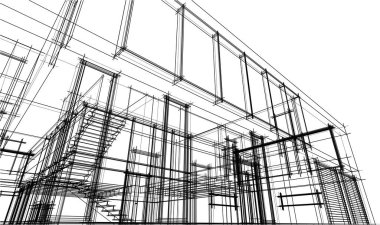 Modern geometrik mimari tasarım, 3D tasarım, gayrimenkul planı, mimari sanat, taslak çizimi.