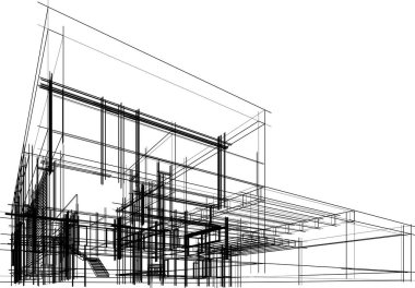 Modern geometrik mimari tasarım, 3D tasarım, gayrimenkul planı, mimari sanat, taslak çizimi.
