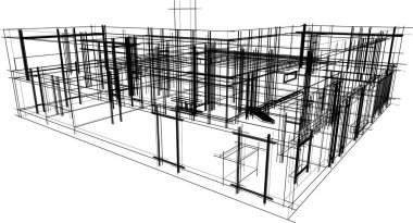 Modern geometrik mimari tasarım, 3D tasarım, gayrimenkul planı, mimari sanat, taslak çizimi.