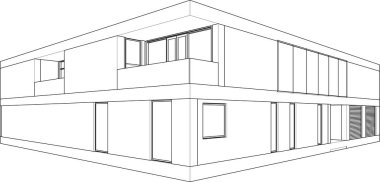 Modern geometrik mimari tasarım, 3D tasarım, gayrimenkul planı, mimari sanat, taslak çizimi.