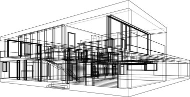 Modern geometrik mimari tasarım, 3D tasarım, gayrimenkul planı, mimari sanat, taslak çizimi.