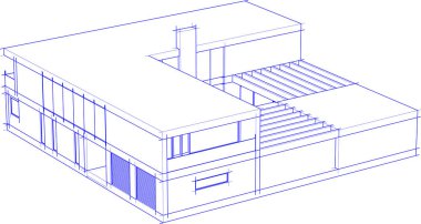 Modern geometrik mimari tasarım, 3D tasarım, gayrimenkul planı, mimari sanat, taslak çizimi.