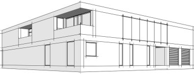 Modern geometrik mimari tasarım, 3D tasarım, gayrimenkul planı, mimari sanat, taslak çizimi.