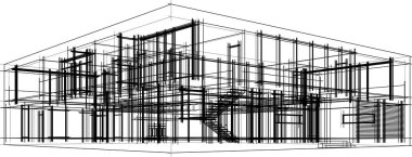 Modern geometrik mimari tasarım, 3D tasarım, gayrimenkul planı, mimari sanat, taslak çizimi.