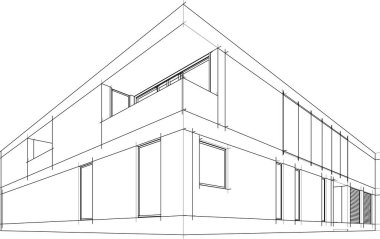 Modern geometrik mimari tasarım, 3D tasarım, gayrimenkul planı, mimari sanat, taslak çizimi.