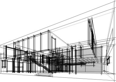 Modern geometrik mimari tasarım, 3D tasarım, gayrimenkul planı, mimari sanat, taslak çizimi.
