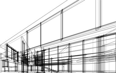 Modern geometrik mimari tasarım, 3D tasarım, gayrimenkul planı, mimari sanat, taslak çizimi.