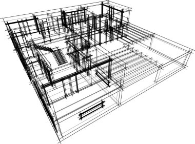 Modern geometrik mimari tasarım, 3D tasarım, gayrimenkul planı, mimari sanat, taslak çizimi.
