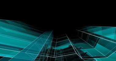 abstract blue architectural wallpaper skyscraper design, digital concept background