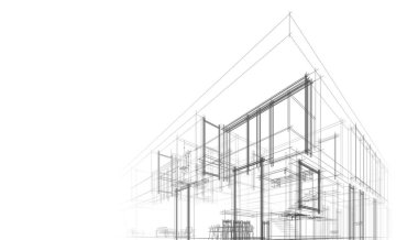 Modern geometrik mimari tasarım, 3D tasarım, gayrimenkul planı, mimari sanat, taslak çizimi.