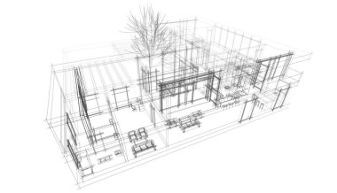 Modern geometrik mimari tasarım, 3D tasarım, gayrimenkul planı, mimari sanat, taslak çizimi.