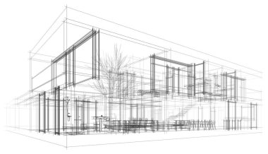 Modern geometrik mimari tasarım, 3D tasarım, gayrimenkul planı, mimari sanat, taslak çizimi.