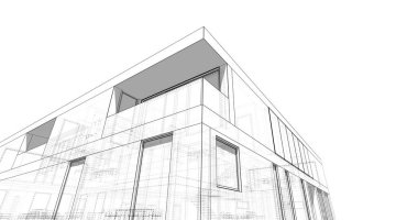 Modern geometrik mimari tasarım, 3D tasarım, gayrimenkul planı, mimari sanat, taslak çizimi.