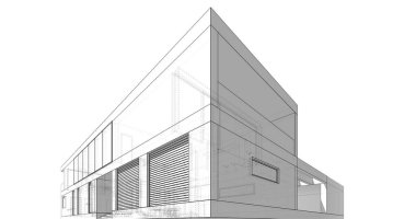 Modern geometrik mimari tasarım, 3D tasarım, gayrimenkul planı, mimari sanat, taslak çizimi.