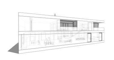 Modern geometrik mimari tasarım, 3D tasarım, gayrimenkul planı, mimari sanat, taslak çizimi.