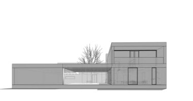 Modern geometrik mimari tasarım, 3D tasarım, gayrimenkul planı, mimari sanat, taslak çizimi.