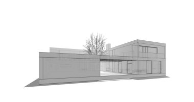 Modern geometrik mimari tasarım, 3D tasarım, gayrimenkul planı, mimari sanat, taslak çizimi.