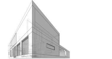 Modern geometrik mimari tasarım, 3D tasarım, gayrimenkul planı, mimari sanat, taslak çizimi.