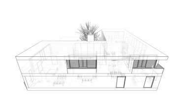 Modern geometrik mimari tasarım, 3D tasarım, gayrimenkul planı, mimari sanat, taslak çizimi.