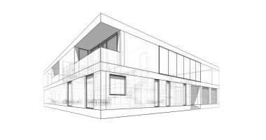 Modern geometrik mimari tasarım, 3D tasarım, gayrimenkul planı, mimari sanat, taslak çizimi.